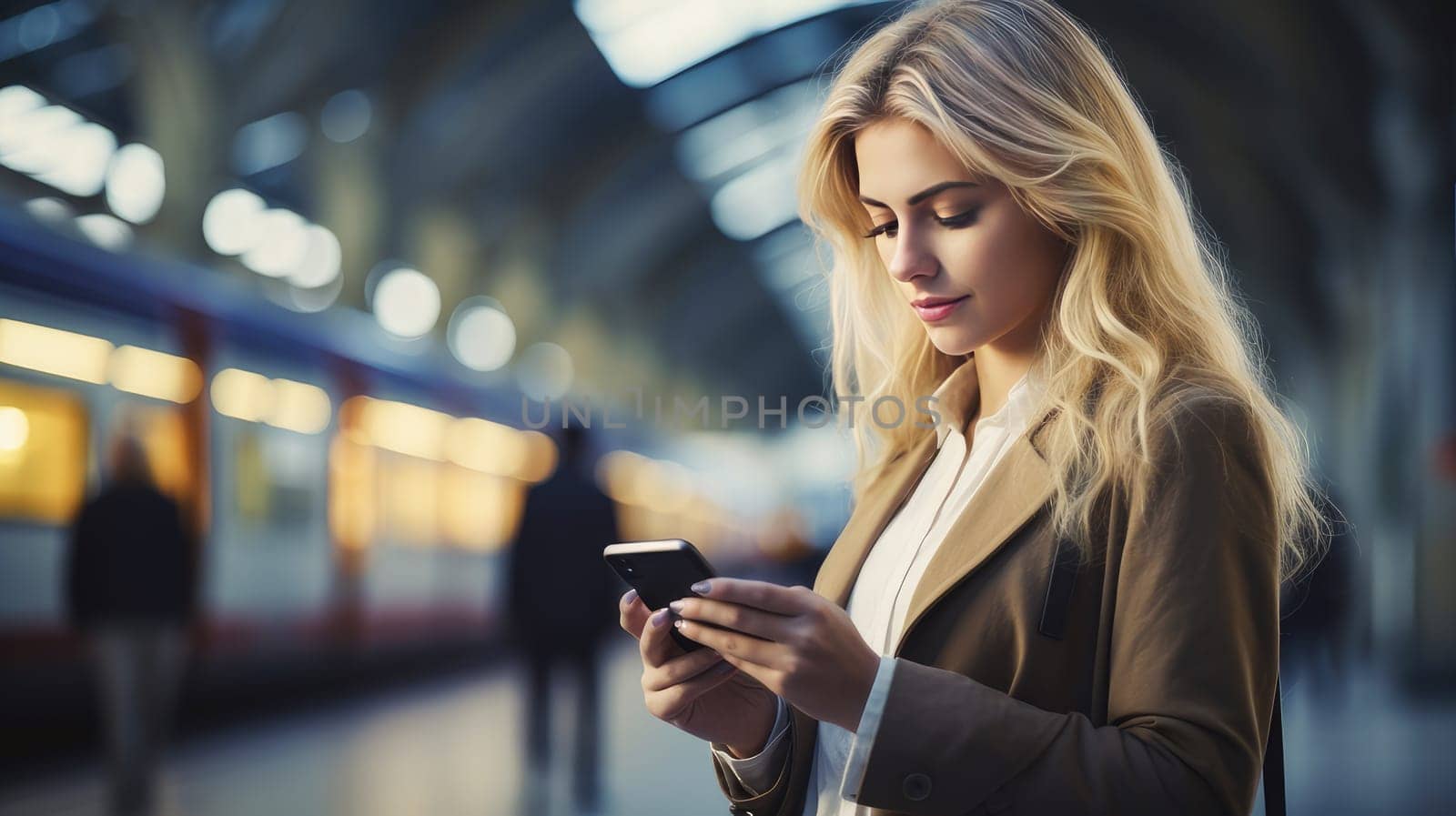 Caucasian young woman with curly hair in a coat and headphones with a smartphone in her hands at the station near a high-speed train. Business trip, rail travel, tourism and leisure