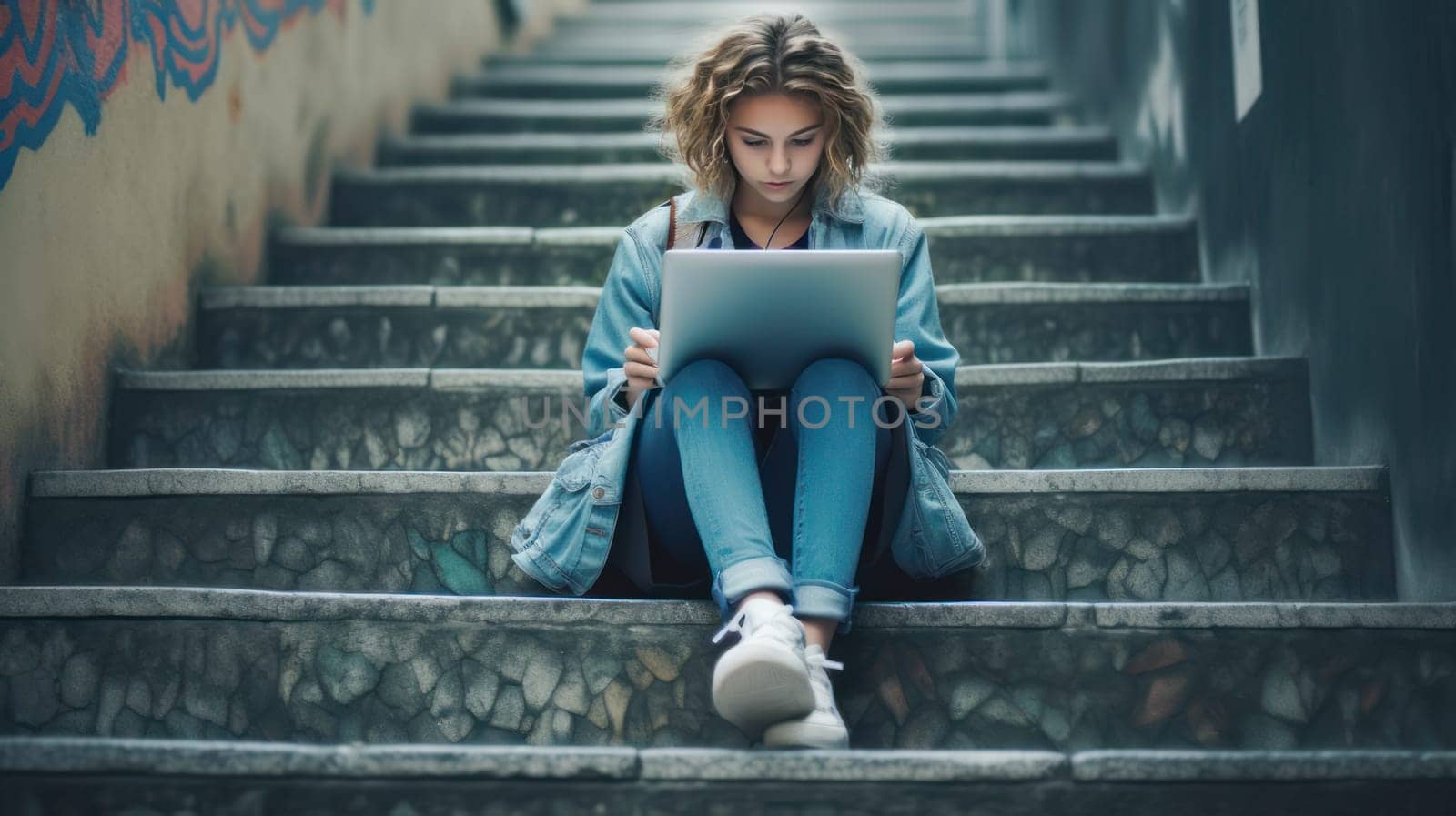 Girl Student Sitting With Laptop On Steps by Alla_Yurtayeva