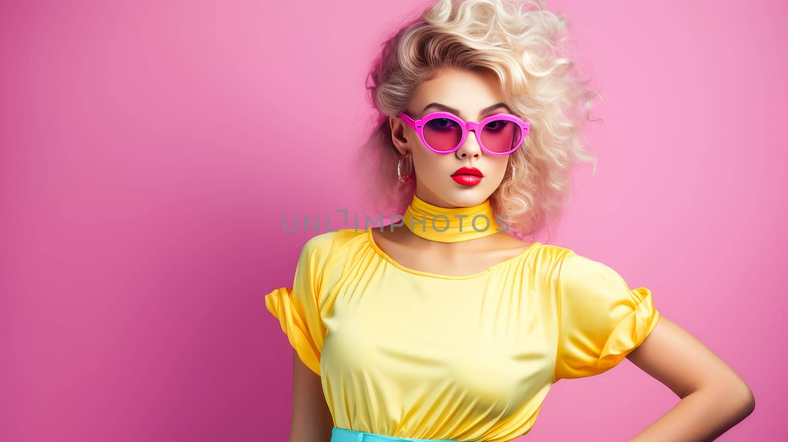 Young blonde girl, woman with glasses in a fashionable bright outfit of the 80s, pink and blue, informal.