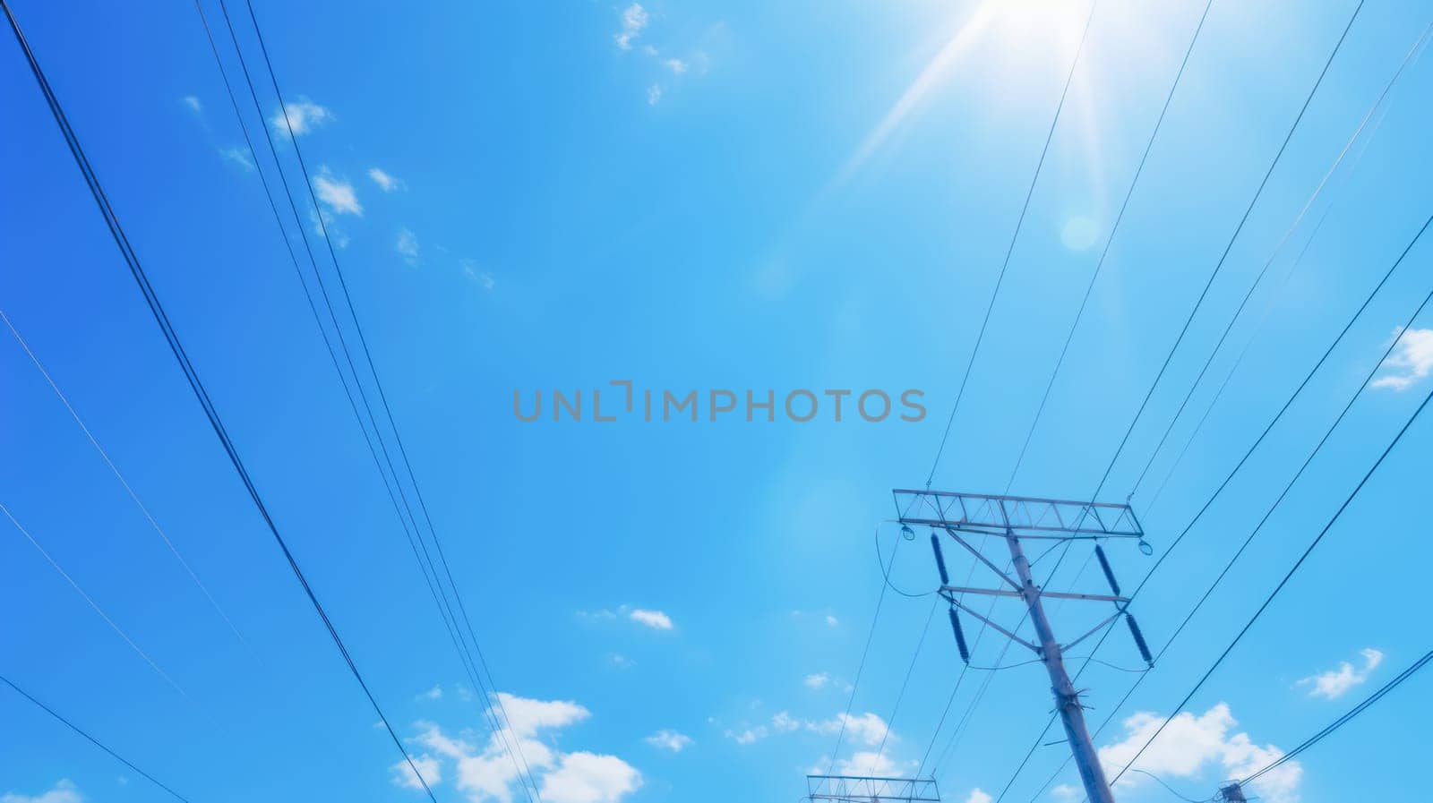 High Voltage Line And Electric Wire On Blue Sky Background by Alla_Yurtayeva