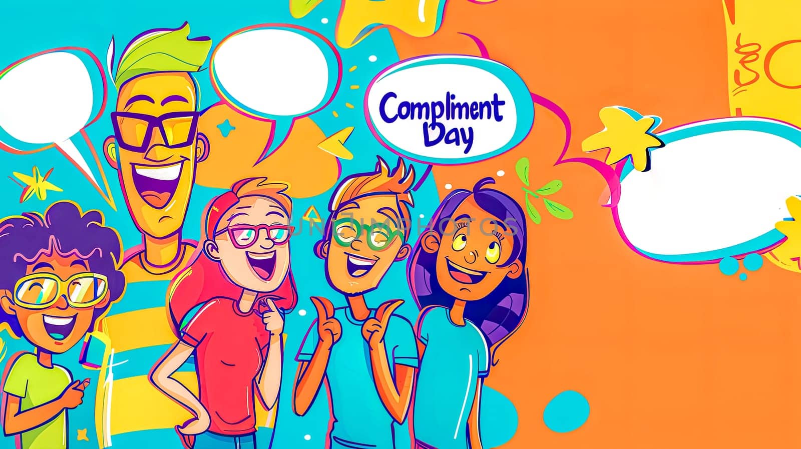 Colorful compliment day illustration with happy characters, copy space by Edophoto