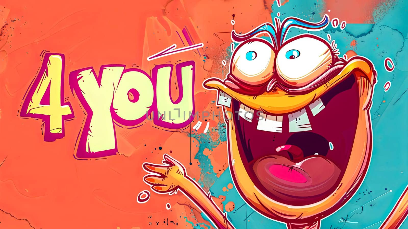 Colorful cartoon character shouting '4you' with a dynamic expression and abstract background by Edophoto