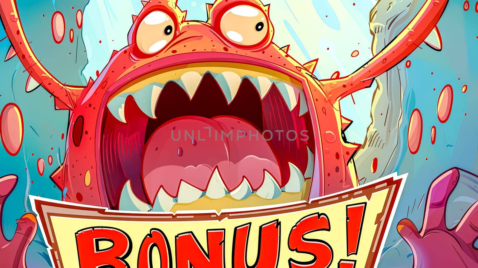 Excited cartoon monster with a bonus sign, celebrating against a vibrant backdrop