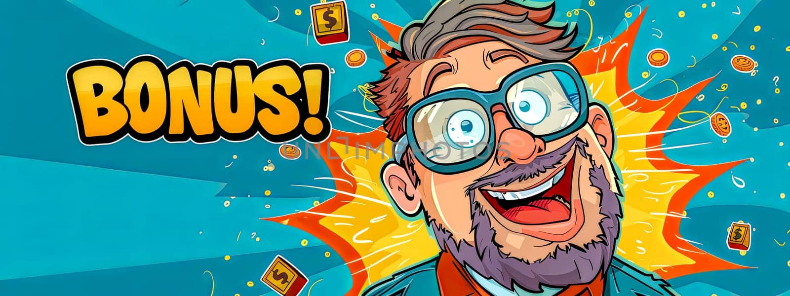 Cartoon of a man with glasses reacting with joy to a bonus! announcement