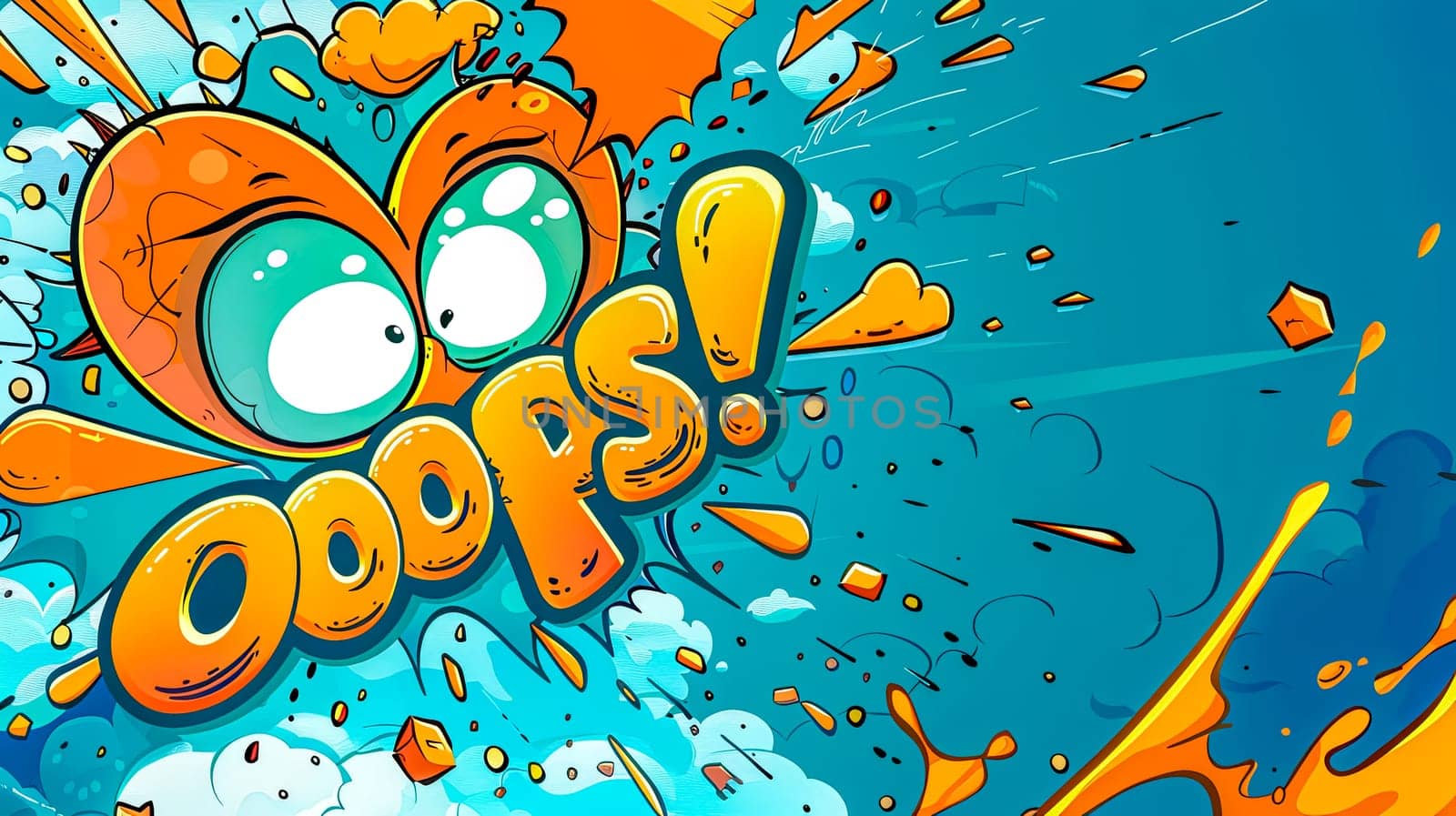 Vibrant comic-style illustration with a bold 'oops!' exclamation, splashes, and dynamic effects
