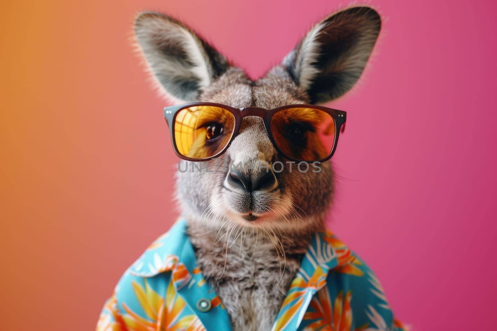 A kangaroo wearing sunglasses and a Hawaiian shirt is standing on a beach. The scene is playful and lighthearted, with the kangaroo looking like it's having a good time