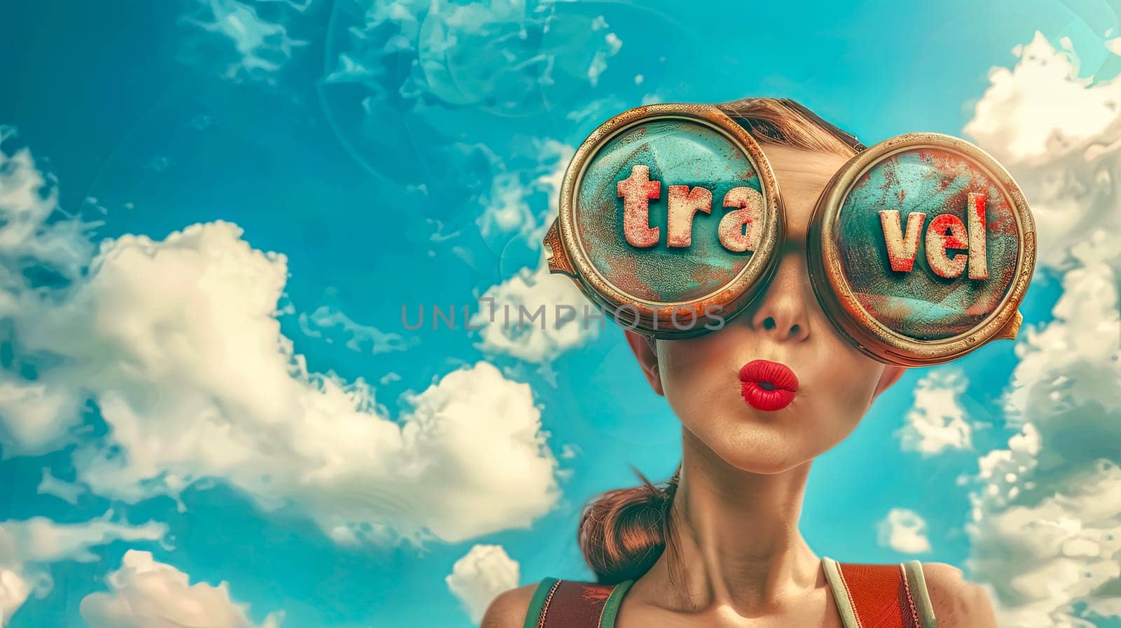 Young woman with binoculars showing 'travel' against a dreamy sky backdrop