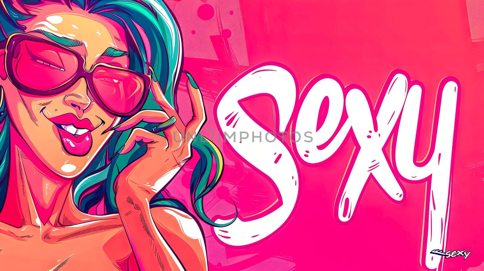 Colorful pop art illustration of a woman with sunglasses next to the word sexy