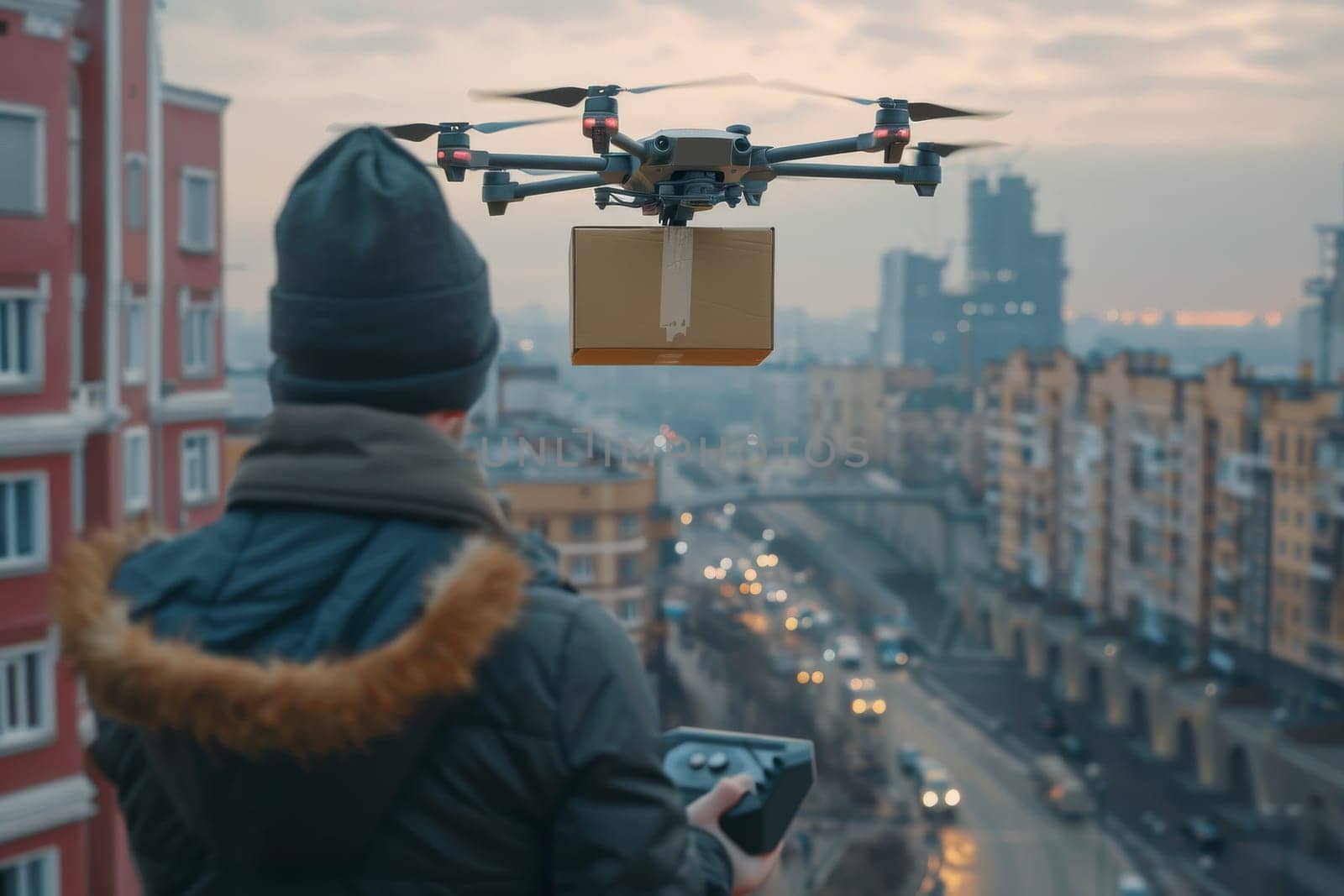 A drone is flying over a city with a box on it. Futuristic Logistic concept.