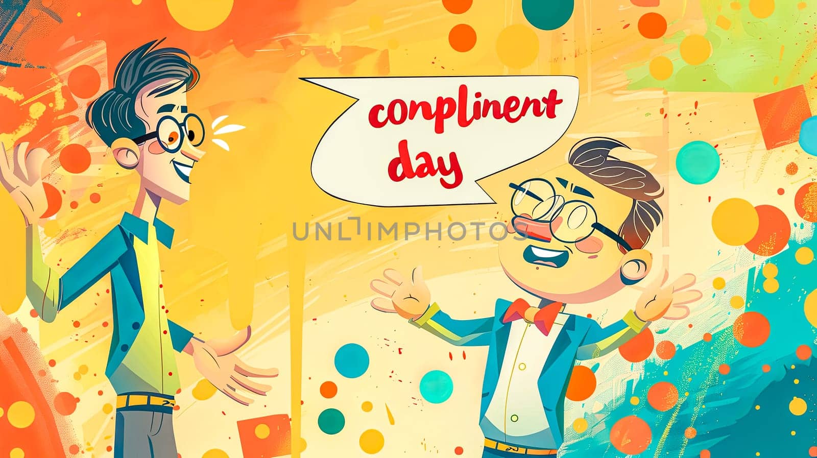 Colorful illustration of two animated characters celebrating national compliment day with joy and excitement