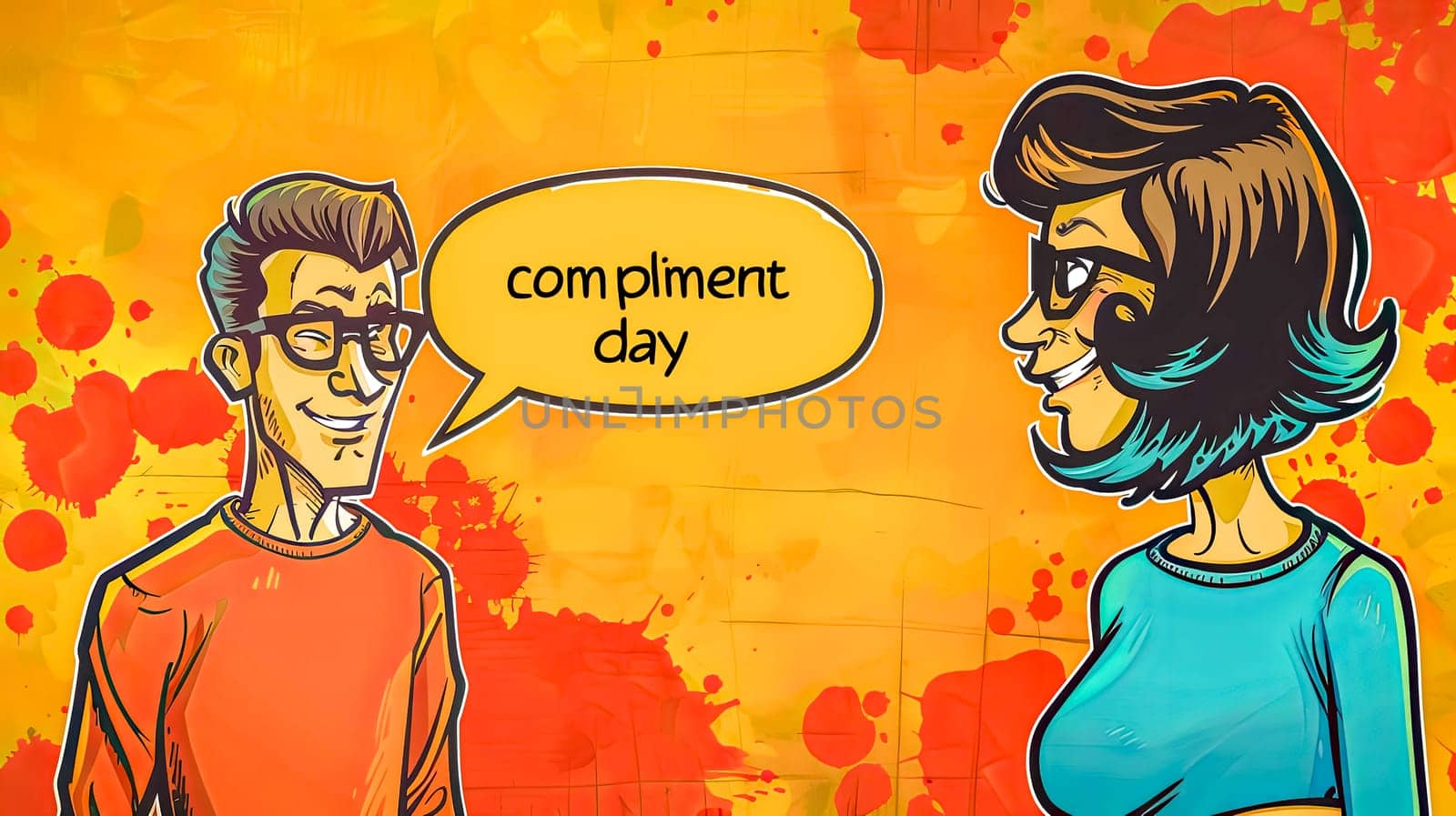 Illustration of two people exchanging compliments against a vibrant backdrop