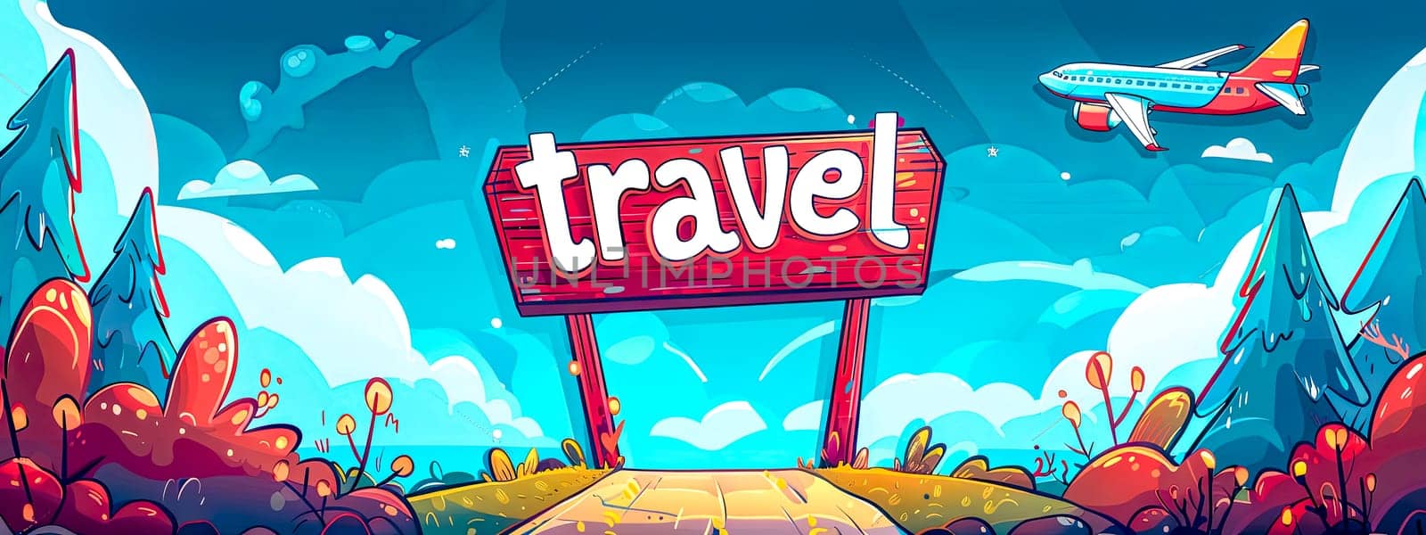 Colorful cartoon landscape with a bold travel sign, airplane, and picturesque road