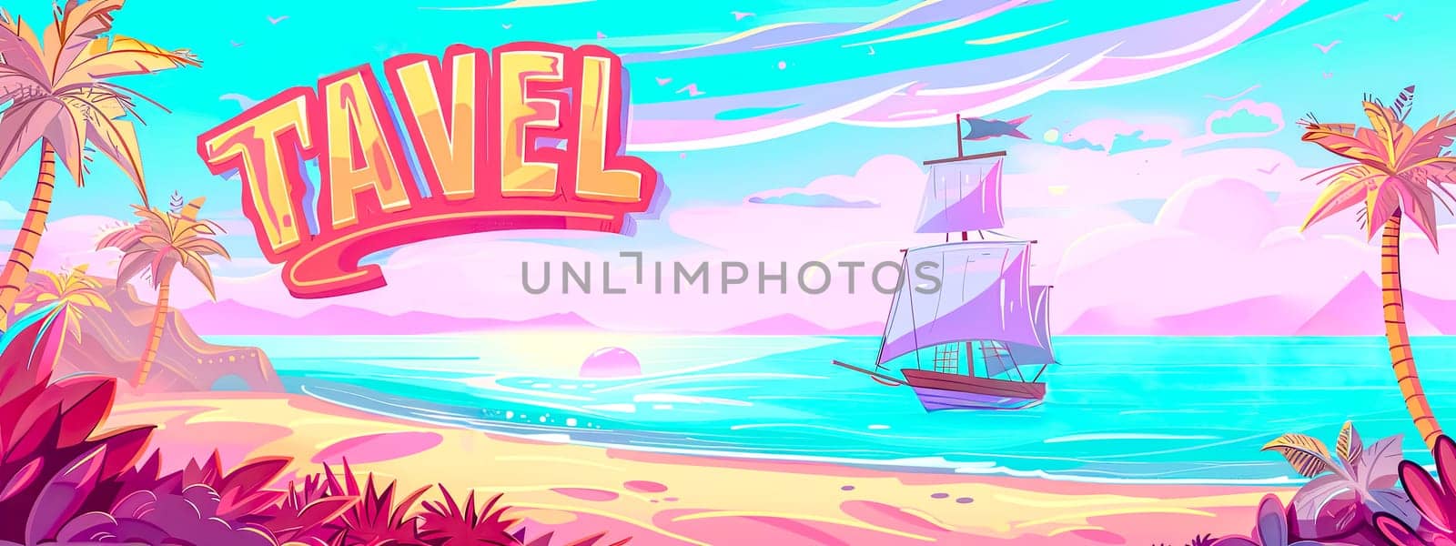 Vibrant cartoon banner depicting a scenic tropical beach with a sailboat, ideal for travel themes