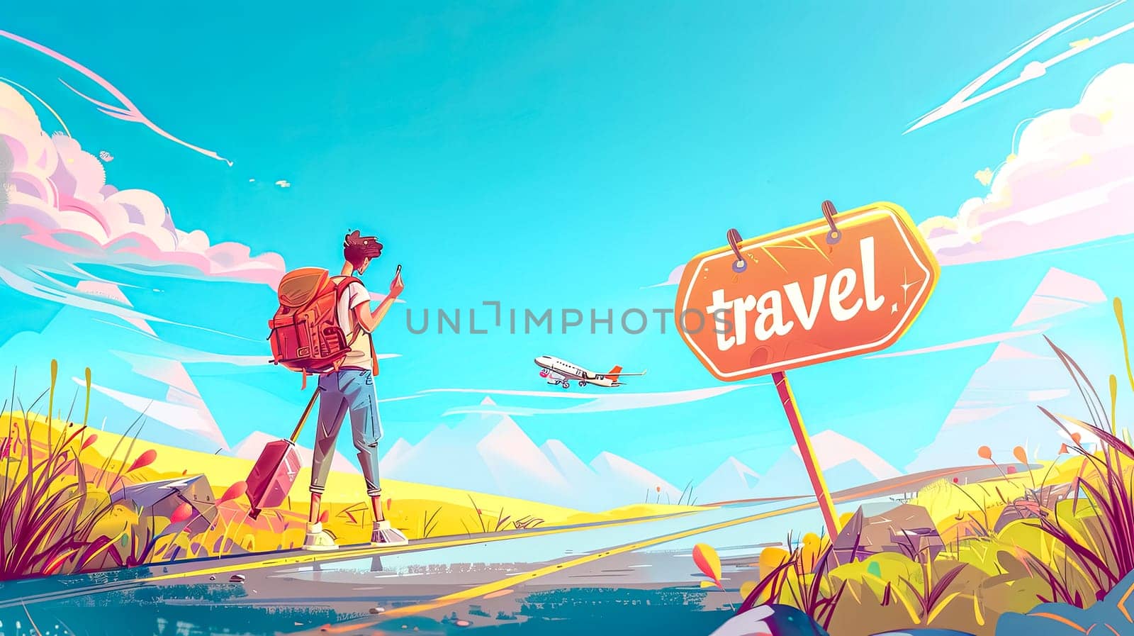 Lone traveler with a backpack gazes at a plane flying over a scenic route at sunset