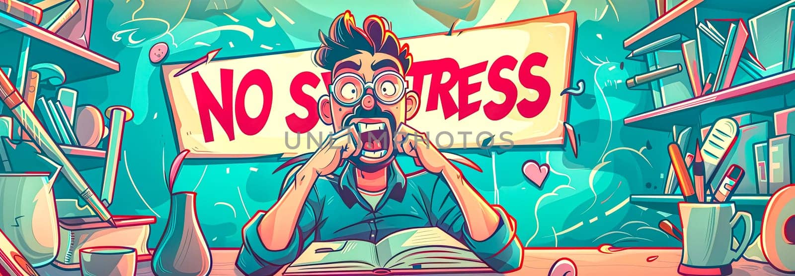 Quirky illustration of a man with a 'no stress' sign amidst a chaotic office setting