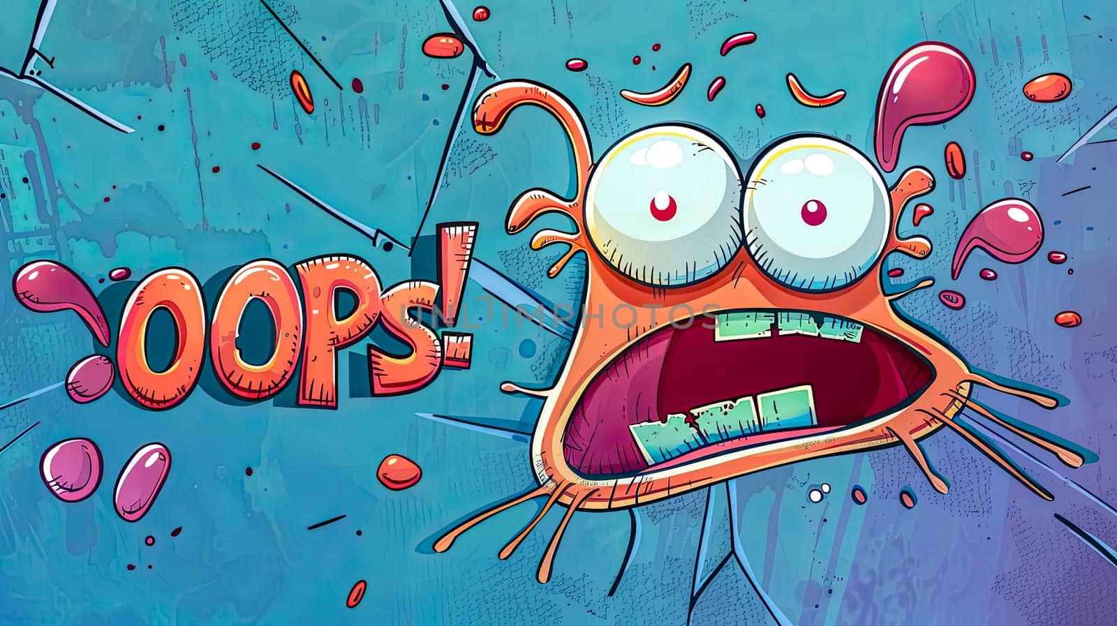 Vibrant illustration of a funny cartoon character with a surprised face and oops! text bubble