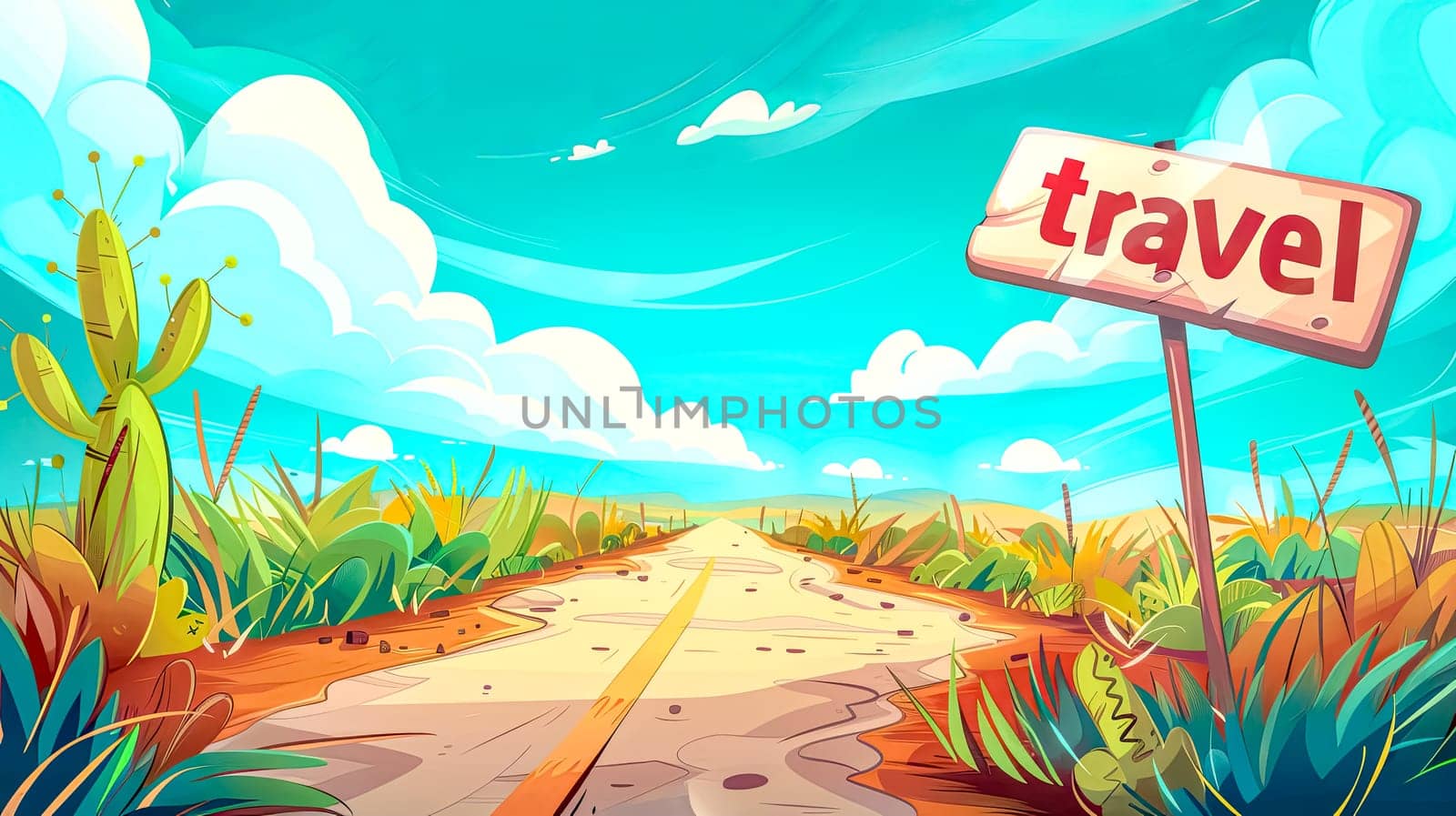 Cartoon illustration of a travel signpost on a vibrant desert road under a blue sky