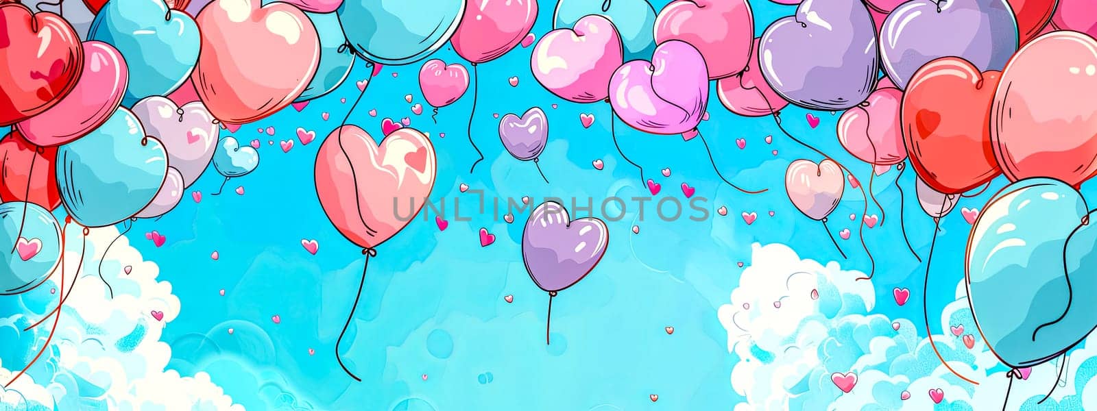 Vibrant heart-shaped balloons floating in a cheerful blue sky with fluffy clouds