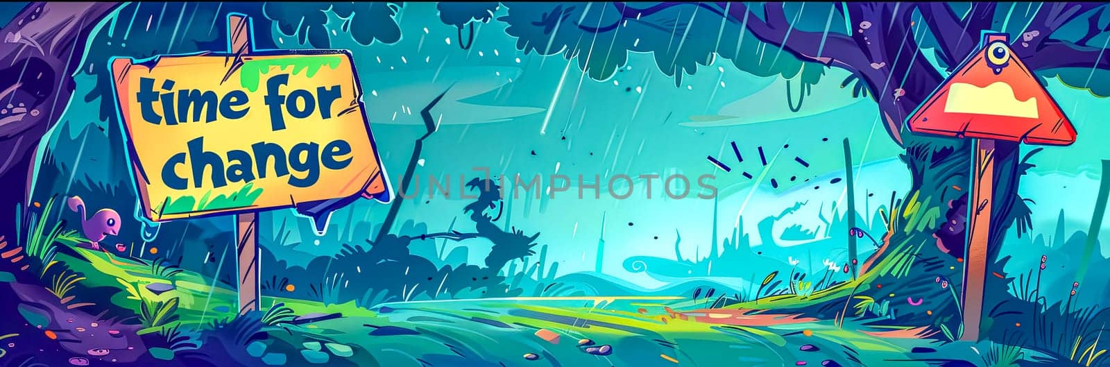 Vibrant cartoon illustration of a signpost in a lush forest scene proclaiming 'time for change'
