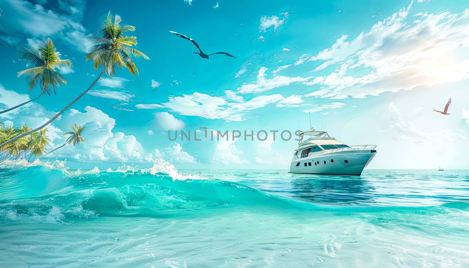 Serene tropical seascape with a luxury yacht amongst palm trees and flying birds