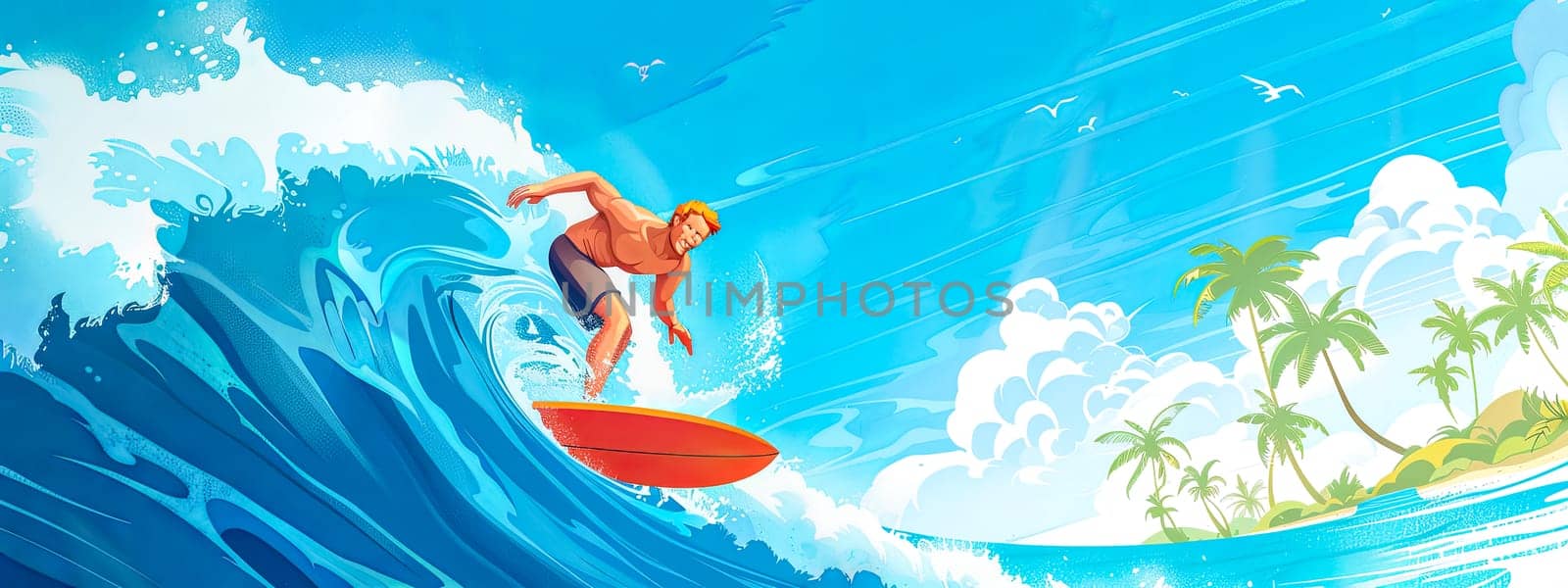 Animated illustration of a muscular surfer on a red board, conquering a large blue wave with tropical palms in the background