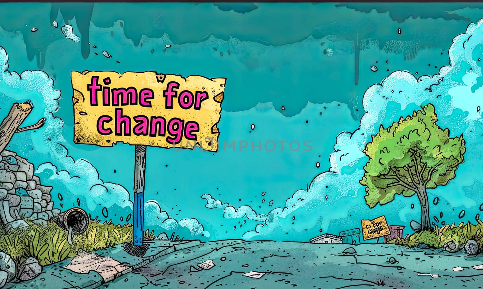 Colorful cartoon image depicting a sign reading time for change in a quirky, outdoor setting