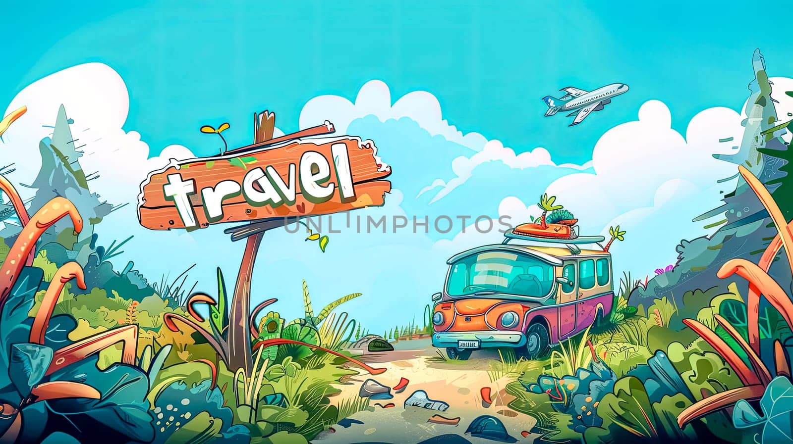 Vibrant cartoon of a travel van on a scenic road trip with a 'travel' signpost and airplane