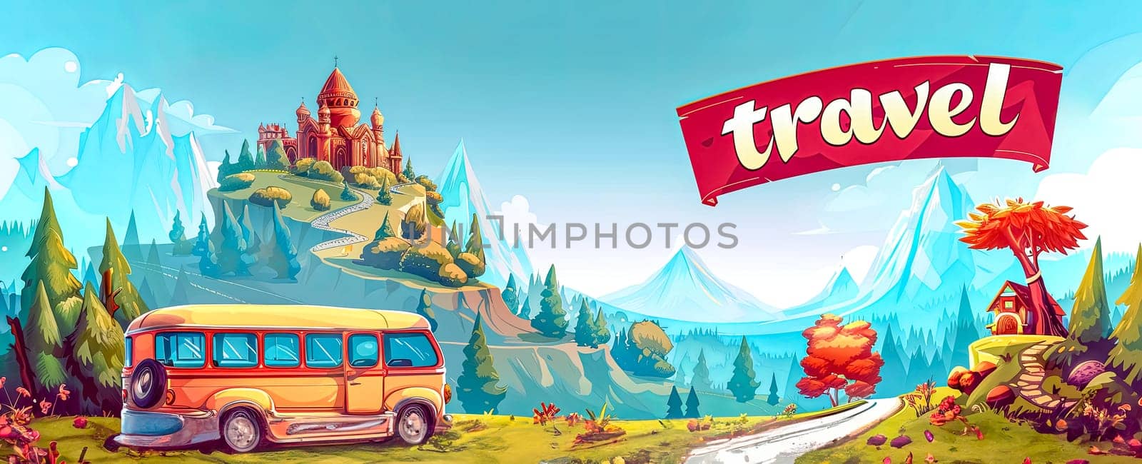 Colorful fantasy landscape with a whimsical travel theme and a vintage bus by Edophoto