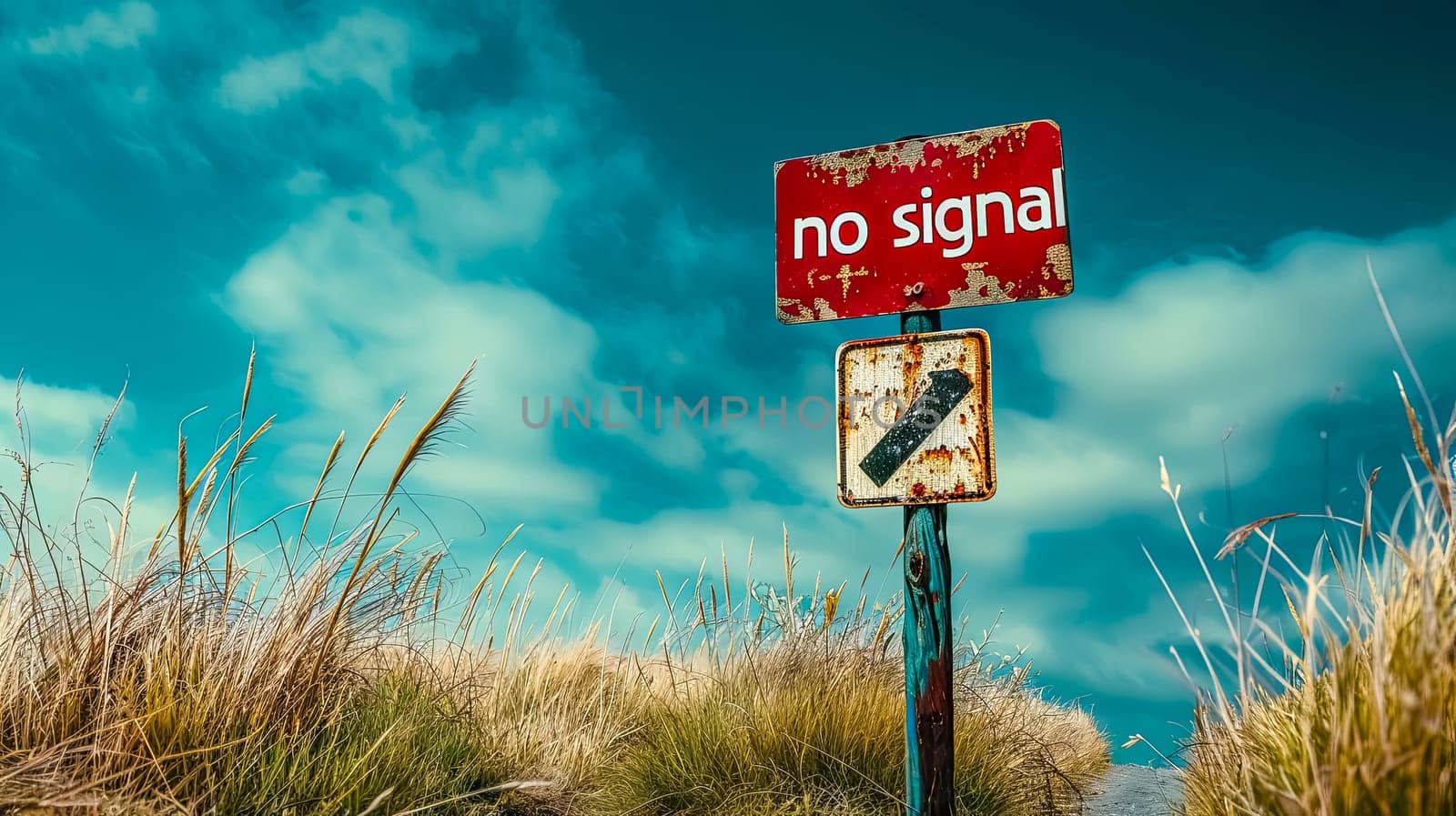 Rustic no signal sign against cloudy sky by Edophoto