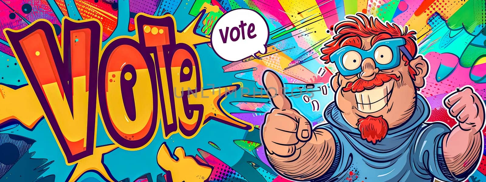 Vibrant cartoon illustration inspiring people to vote with a cheerful character
