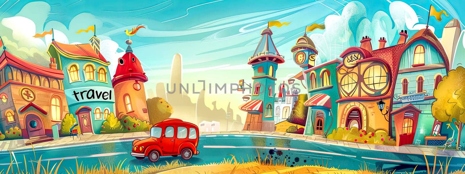 Whimsical cartoon town with red car traveling by Edophoto