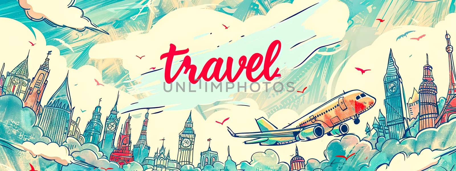Colorful illustration of world landmarks with a plane and travel text