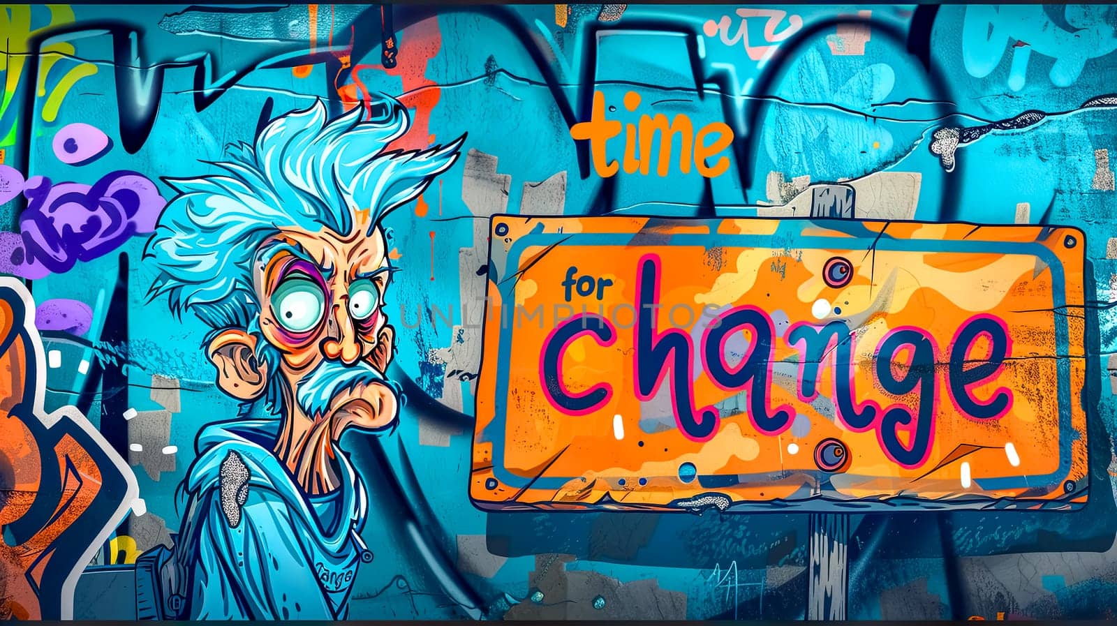 Vibrant street art featuring a quirky scientist with a time for change sign