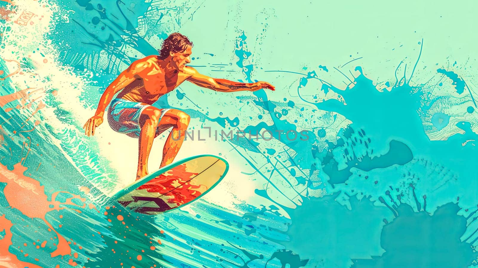 Illustration of a surfer with artistic flair catching a vibrant, splashing wave