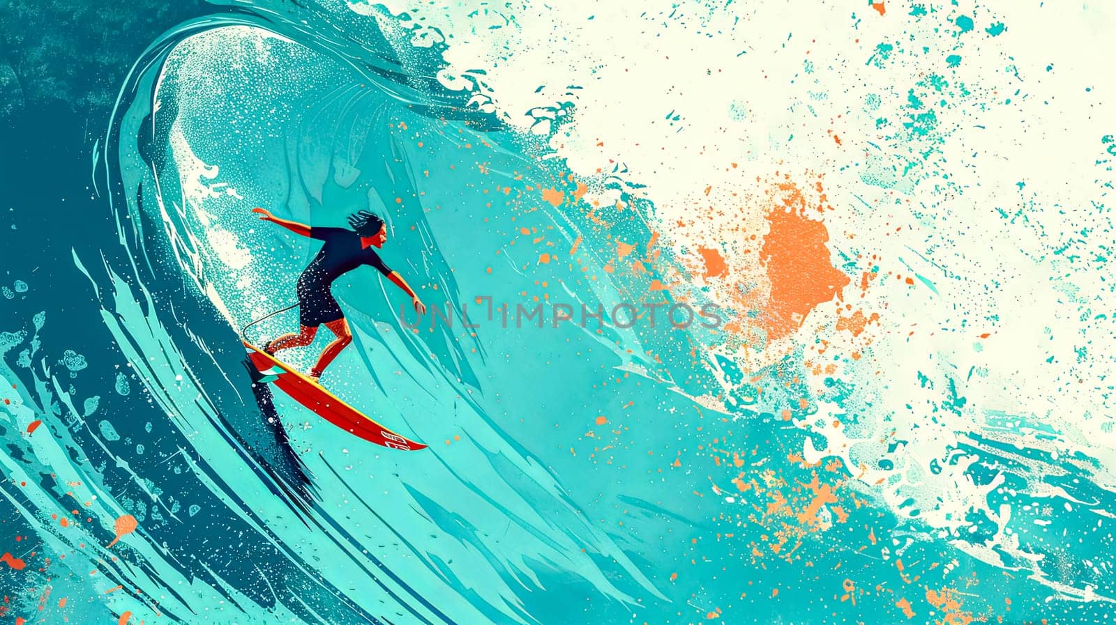 Dynamic illustration of a surfer expertly navigating through a giant wave's tube