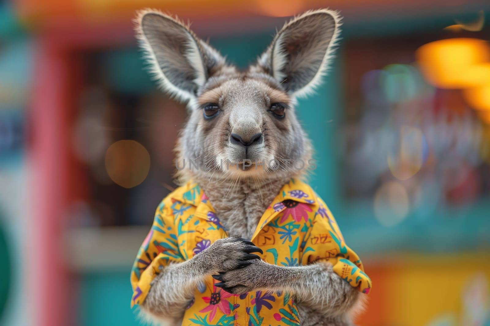 A kangaroo wearing sunglasses and a Hawaiian shirt is standing on a beach. The scene is playful and lighthearted, with the kangaroo looking like it's having a good time