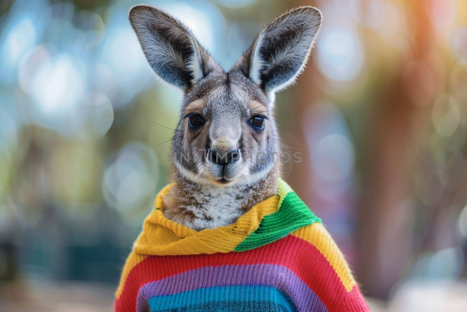 A kangaroo wearing sunglasses and a Hawaiian shirt is standing on a beach. The scene is playful and lighthearted, with the kangaroo looking like it's having a good time