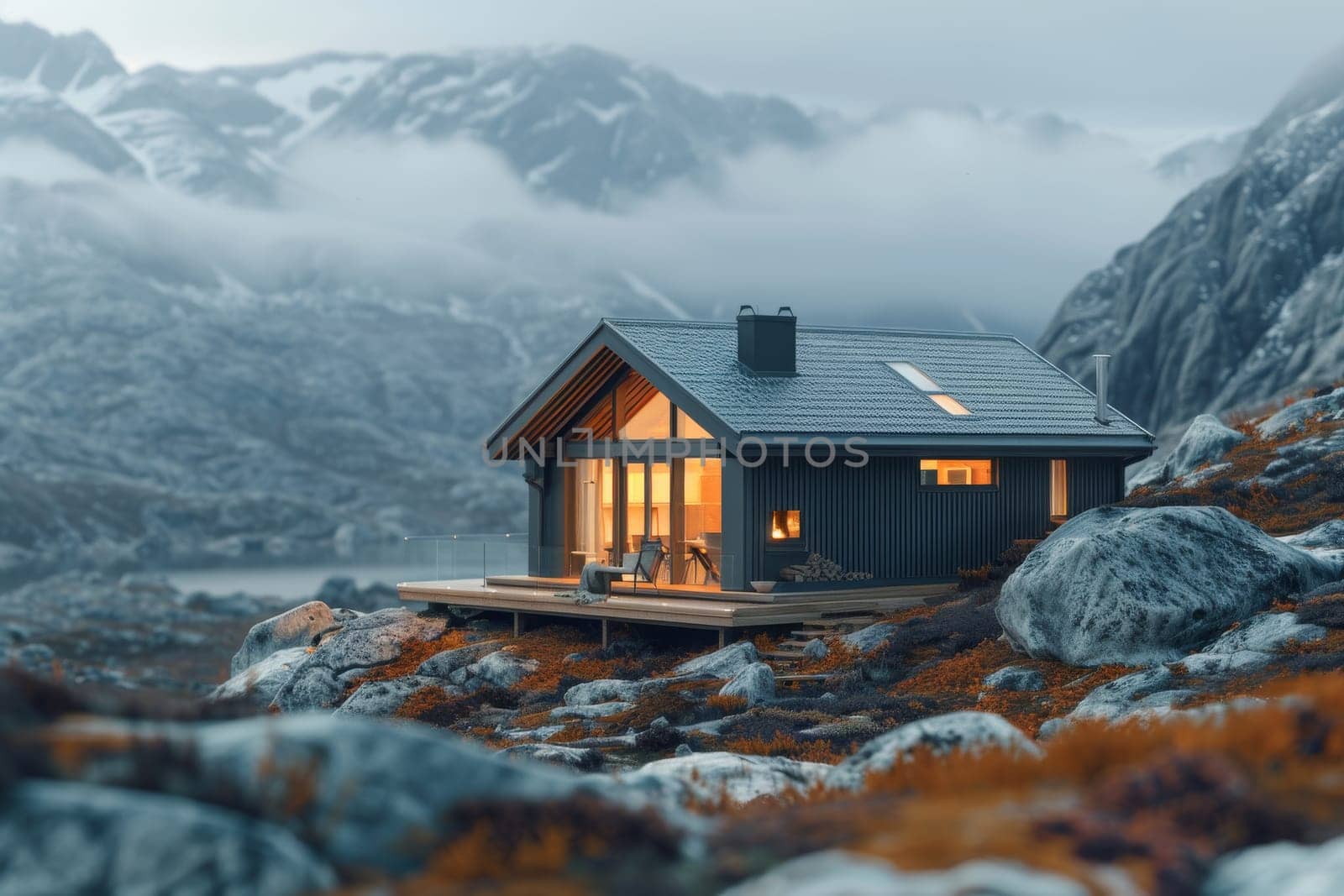 A small house is on a rocky hillside with a lake in the background. The house is surrounded by rocks and the landscape is mostly barren