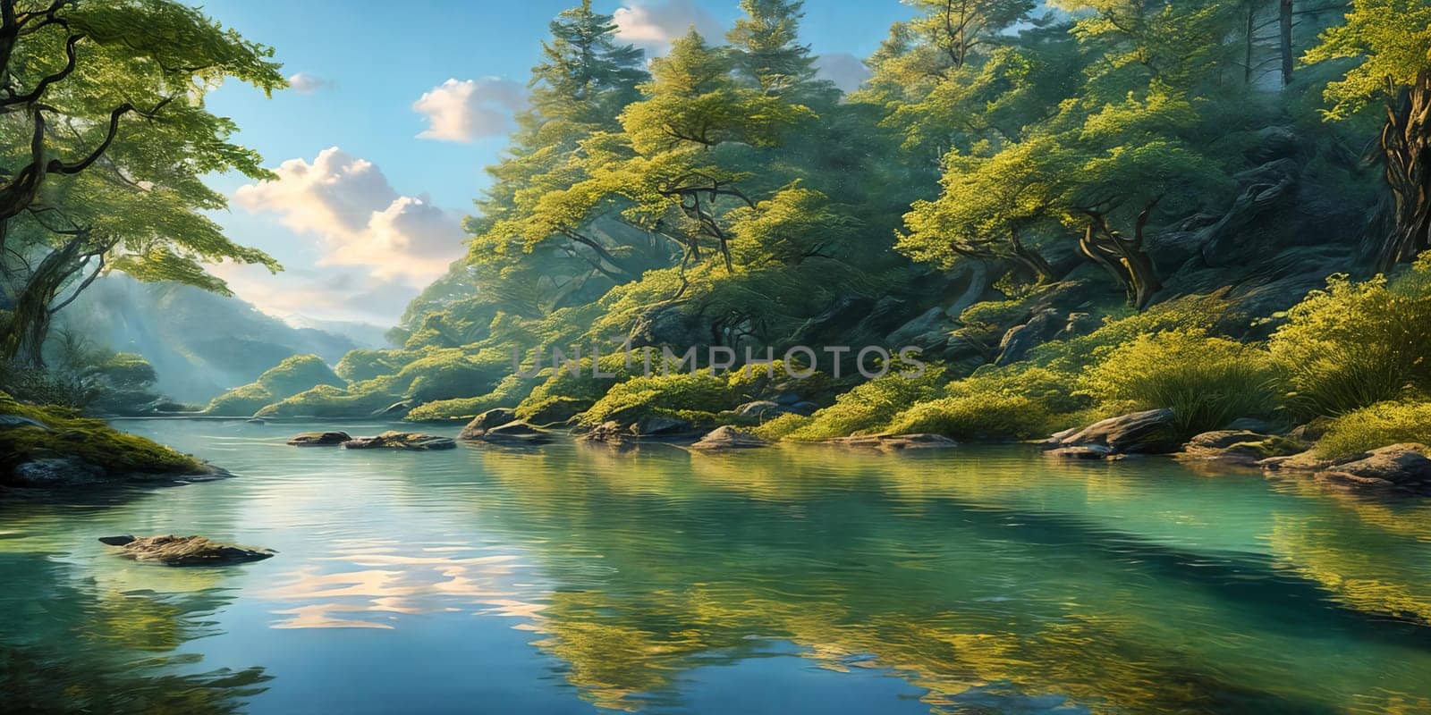 A breathtaking scene at dusk. Serene mountain forest by a glittering lake with a tent pitched