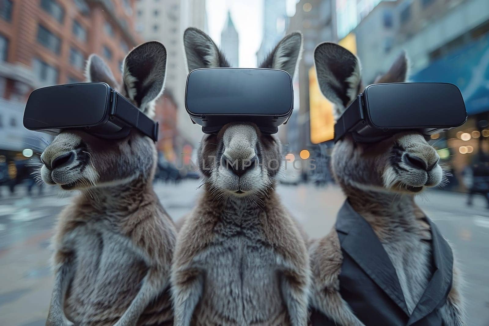 A kangaroo wearing virtual reality goggles. The image has a futuristic and playful mood. The kangaroo's eyes are closed, and it is looking at the camera