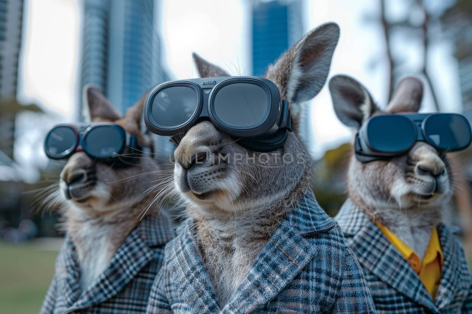 A kangaroo wearing virtual reality goggles. The image has a futuristic and playful mood. The kangaroo's eyes are closed, and it is looking at the camera