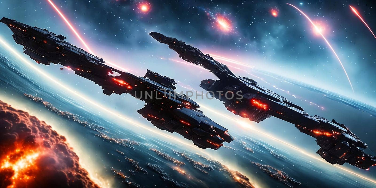 Cosmic Conquest. Dramatic battle scene between rival fleets of advanced spacecraft engaged in a fierce conflict amid a backdrop of exploding stars and cascading asteroids.