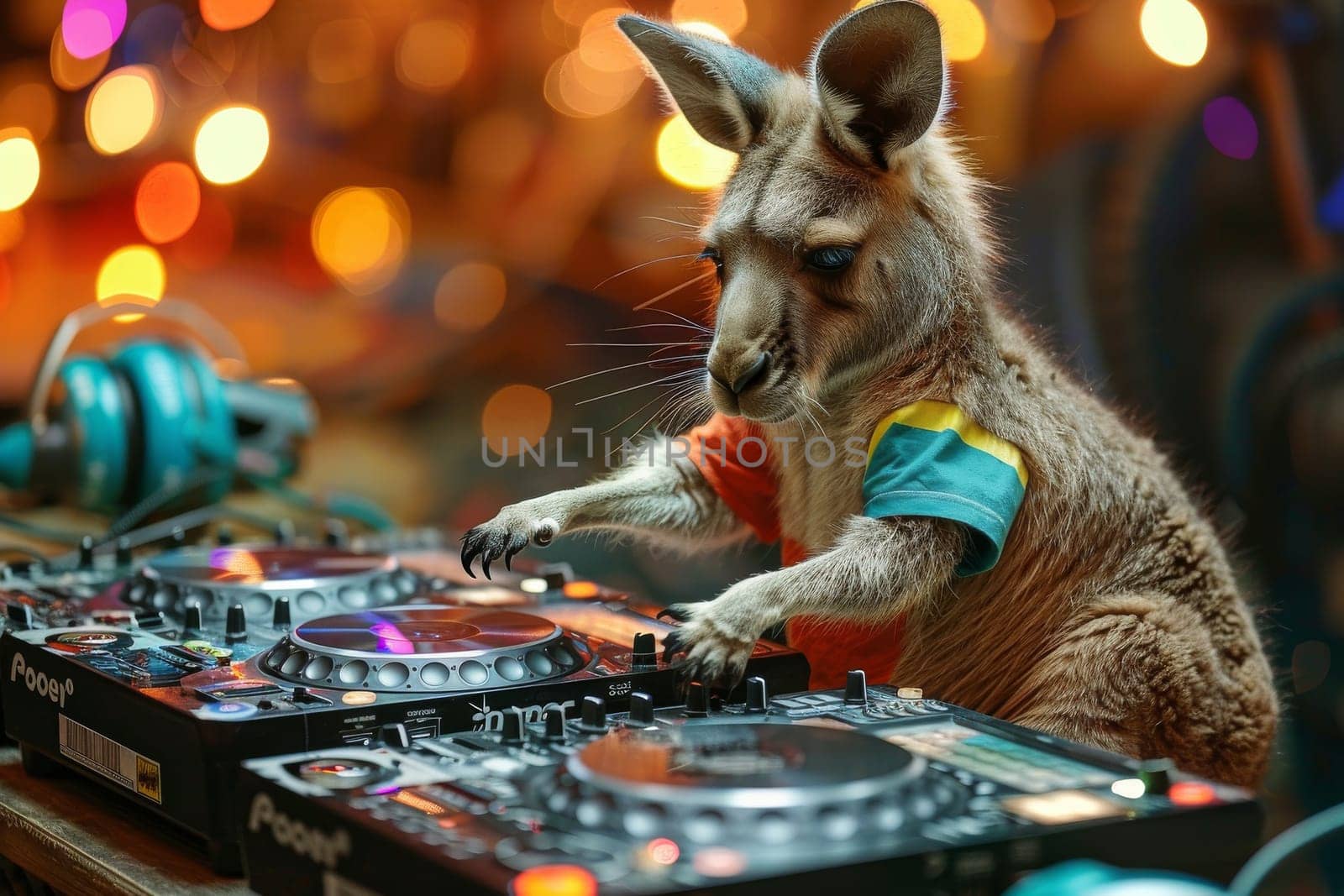 A kangaroo is playing a DJ set. The kangaroo is wearing a red and yellow shirt and is standing in front of a DJ set
