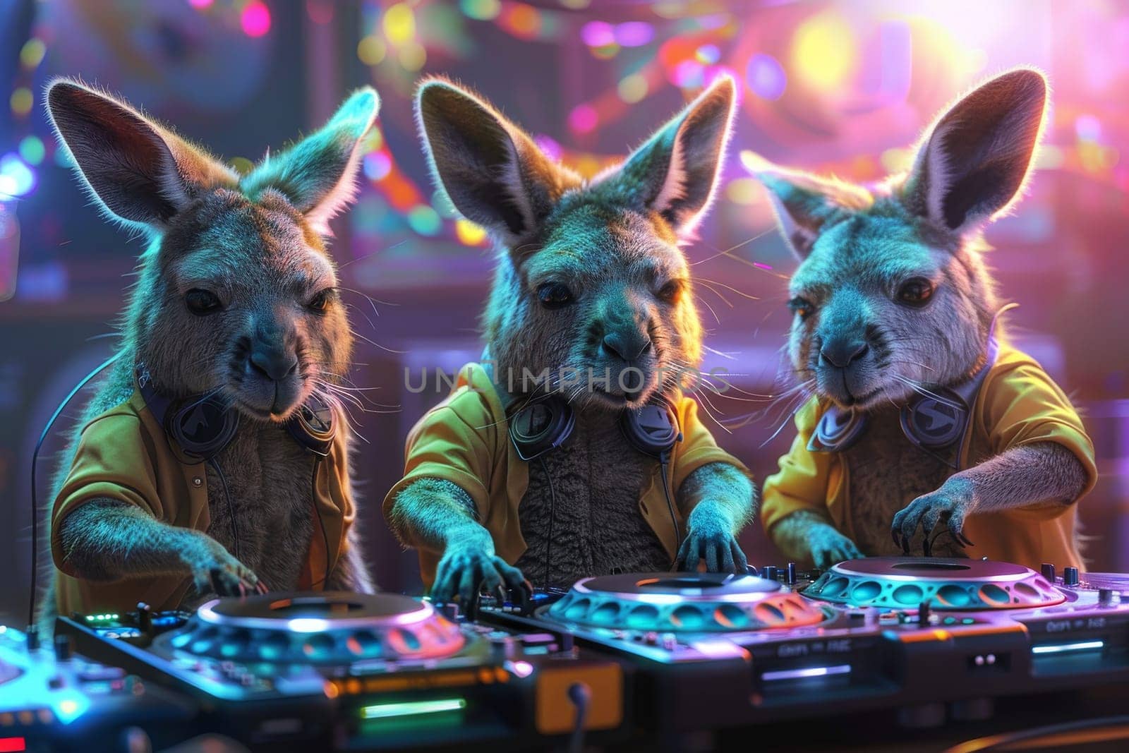 A kangaroo is playing a DJ set. The kangaroo is wearing a red and yellow shirt and is standing in front of a DJ set