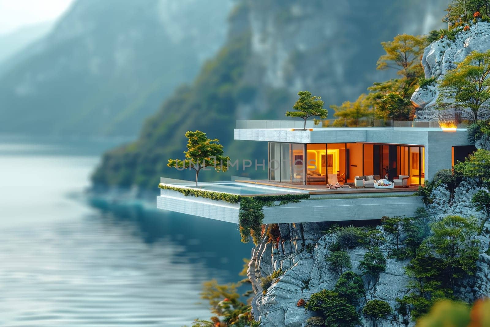A small house is on a rocky hillside with a lake in the background by itchaznong
