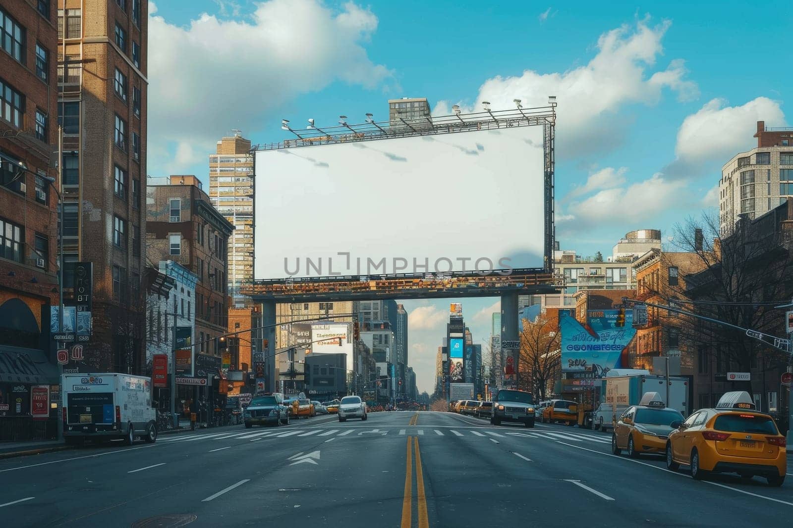 The billboard is white and is surrounded by tall buildings. The street is filled with cars and trucks. The scene is bustling and lively