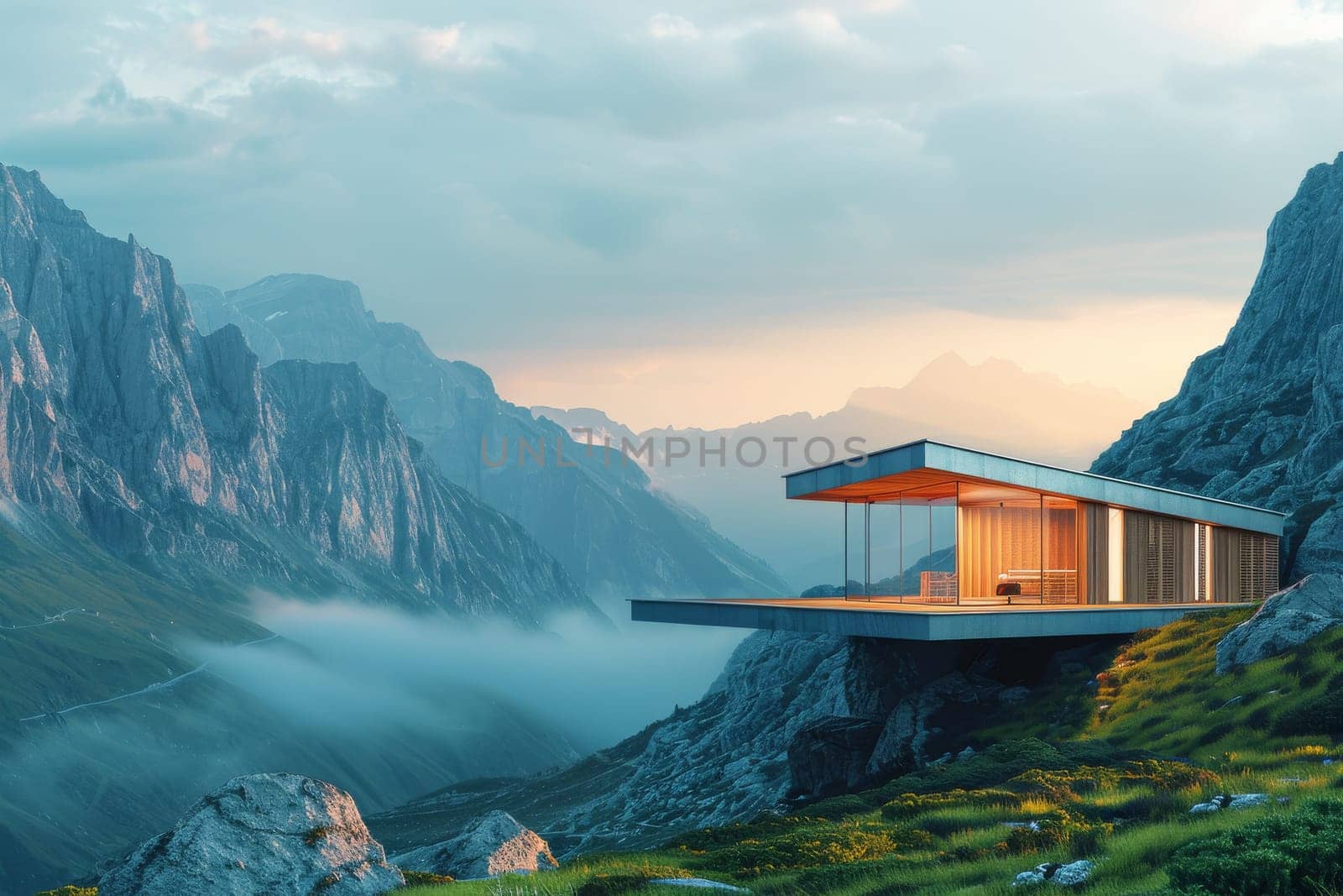 A small house is on a rocky hillside with a lake in the background. The house is surrounded by rocks and the landscape is mostly barren