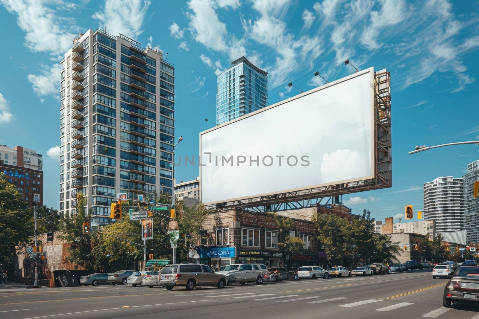 The billboard is white and is surrounded by tall buildings. The street is filled with cars and trucks. The scene is bustling and lively