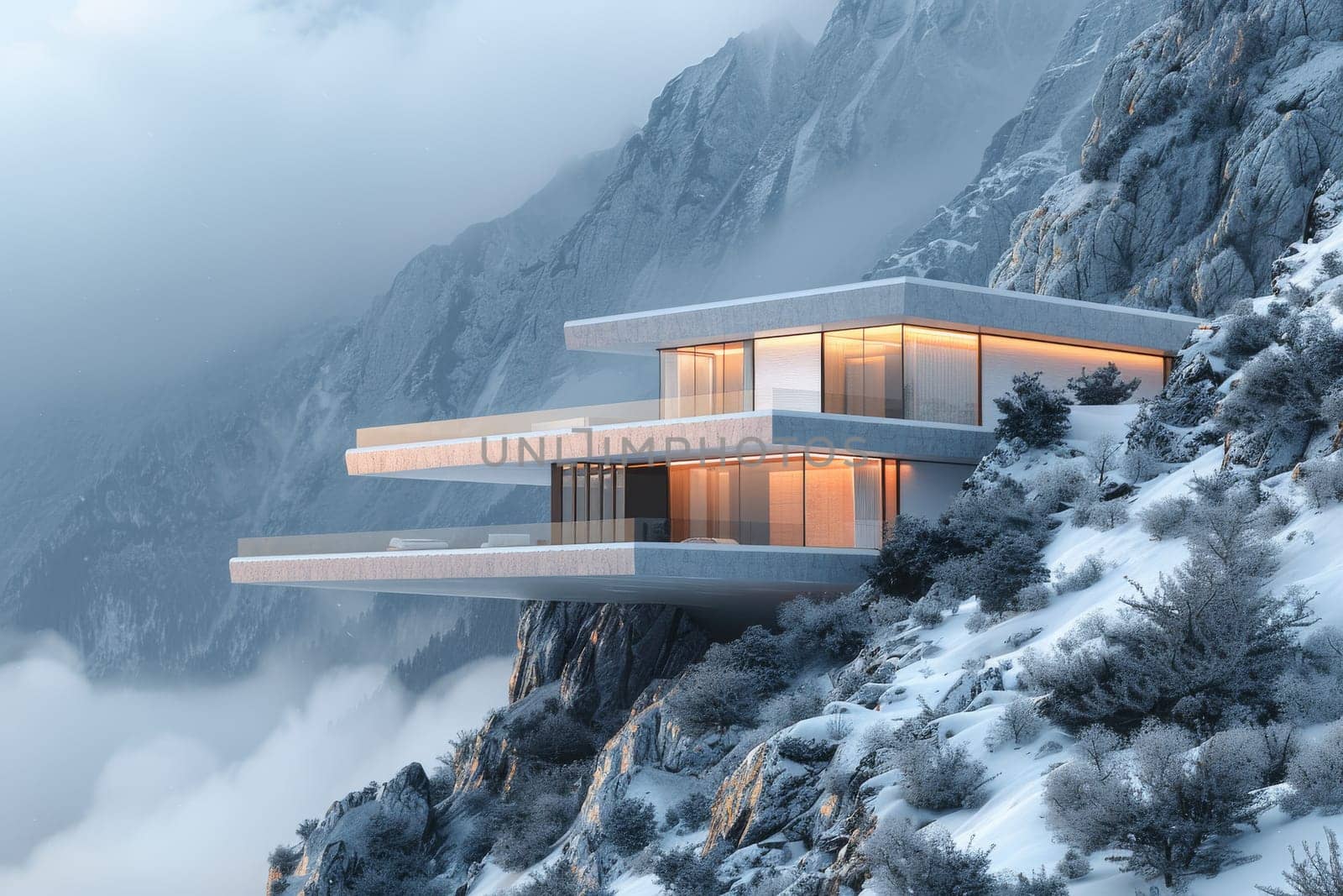 A house is built on a snowy mountain. The house is made of concrete and has a glass roof. The house is surrounded by trees and snow