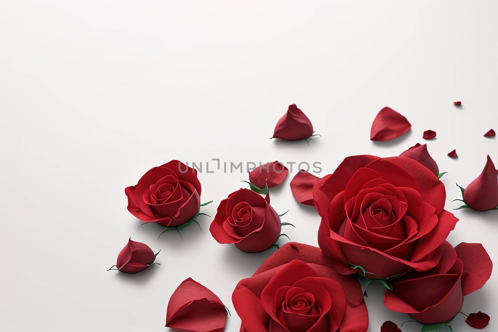 Red roses and rose petals on white background, Valentines day concept.